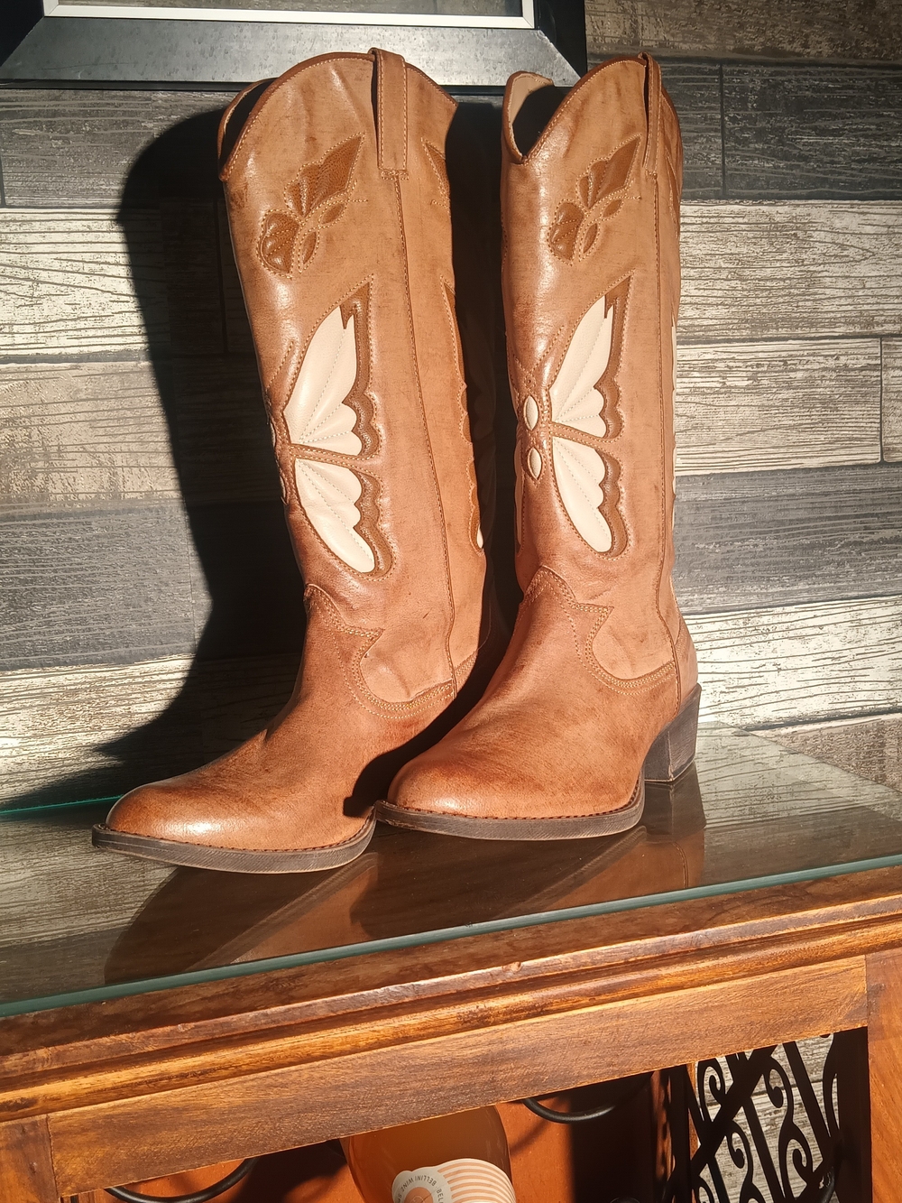 Mariposa Brown Knee-High Western Heeled Boots with Cream Insets